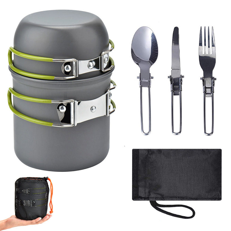 Green And Grey Compact Outdoor Camping Cookware Set with 410 Stainless Steel Utensils-Furniture &gt; Outdoor &gt; Outdoor Dining Sets-PEROZ Accessories