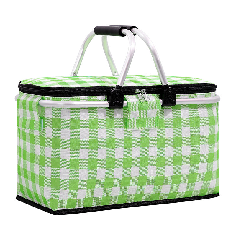 Insulated Picnic Basket with Aluminum Frame - Portable Collapsible Cooler Bag 18L 40*20*23cm(Green plaid)-Outdoor Recreation &gt; Camping &gt; Camping Appliances-PEROZ Accessories