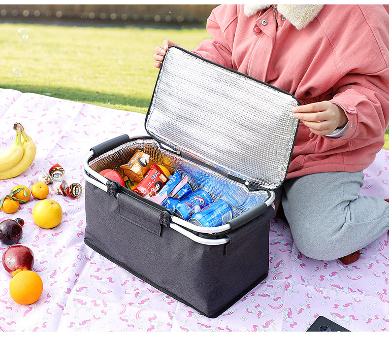 Insulated Picnic Basket with Aluminum Frame - Portable Collapsible Cooler Bag 18L 40*20*23cm(Green plaid)-Outdoor Recreation &gt; Camping &gt; Camping Appliances-PEROZ Accessories