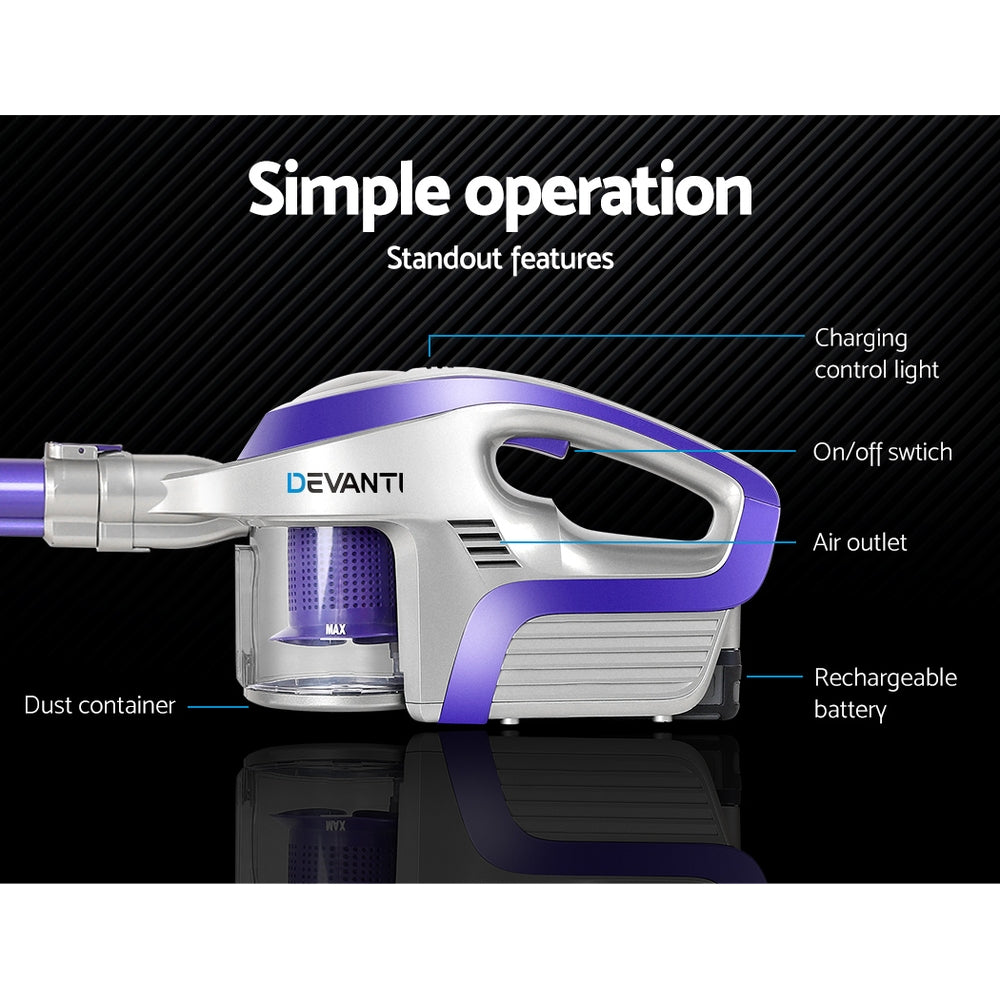 Devanti Stick Vacuum Cleaner Bagless Cordless 150W Purple-Vacuum Cleaners-PEROZ Accessories