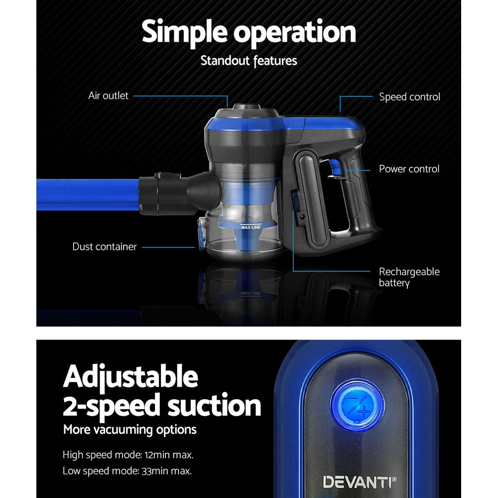 Devanti Stick Vacuum Cleaner Brushless Cordless 250W Blue-Vacuum Cleaners-PEROZ Accessories