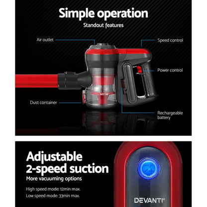 Devanti Stick Vacuum Cleaner Brushless Cordless 250W Red-Vacuum Cleaners-PEROZ Accessories