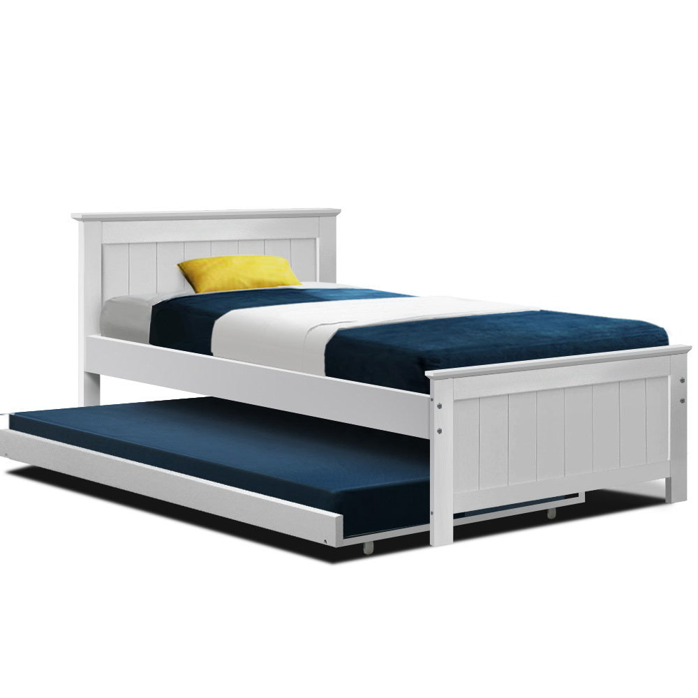 Artiss Wooden Trundle Bed Frame Timber Slat King Single Size White-Bed Frames-PEROZ Accessories