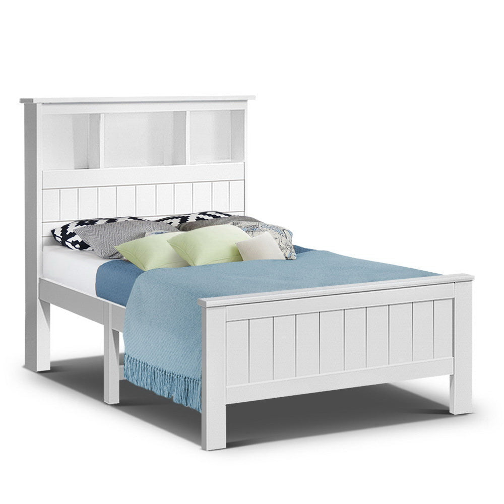 Artiss Bed Frame King Single Size Wooden with 3 Shelves Bed Head White-Bed Frames-PEROZ Accessories