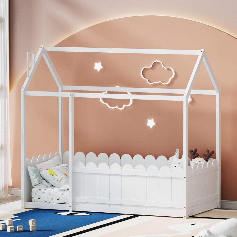 Artiss Bed Frame Wooden Kids House Single Frame White KORI-Furniture &gt; Bedroom-PEROZ Accessories