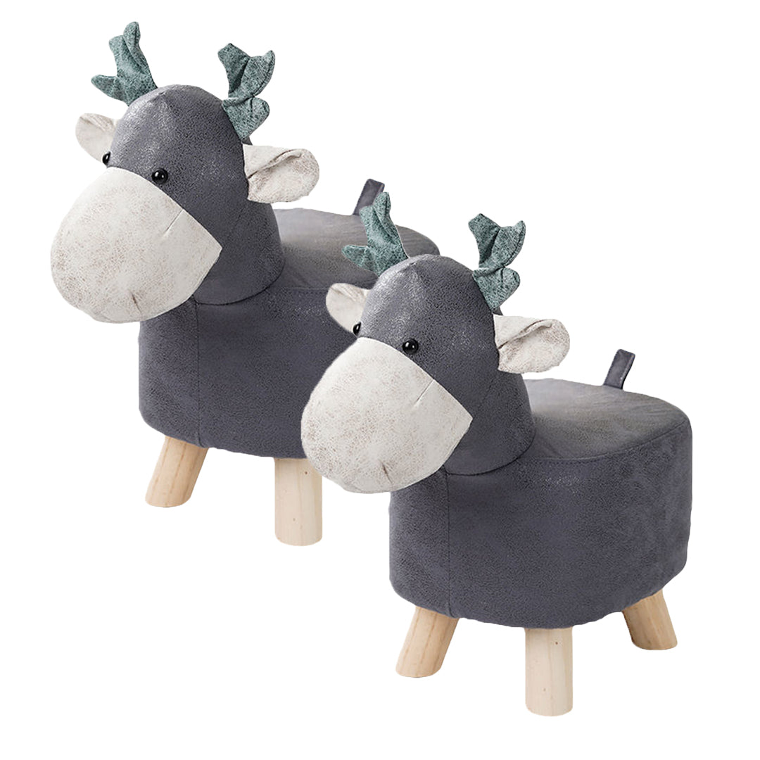 SOGA 2X Grey Children Bench Deer Character Round Ottoman Stool Soft Small Comfy Seat Home Decor-Benches-PEROZ Accessories