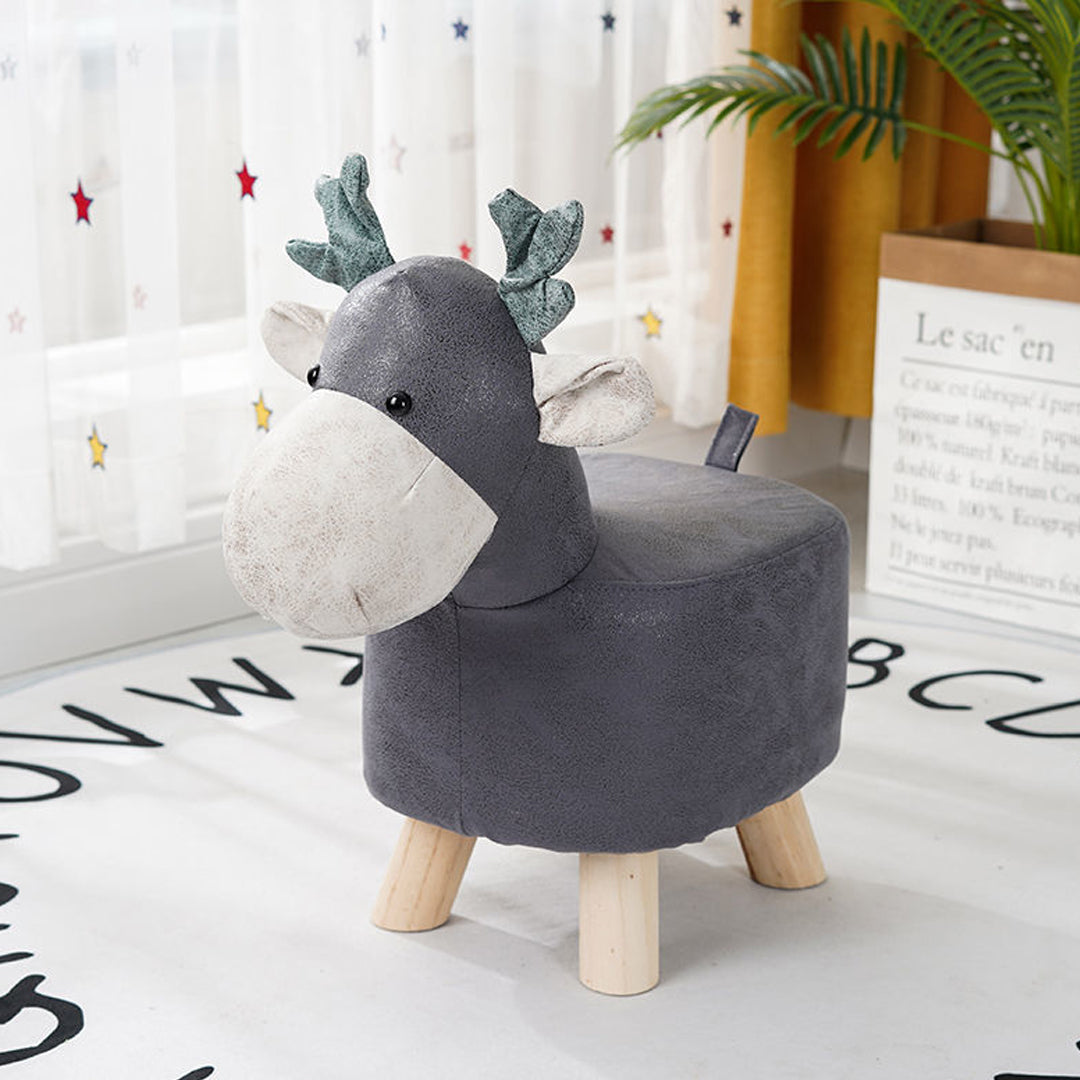 SOGA 2X Grey Children Bench Deer Character Round Ottoman Stool Soft Small Comfy Seat Home Decor-Benches-PEROZ Accessories