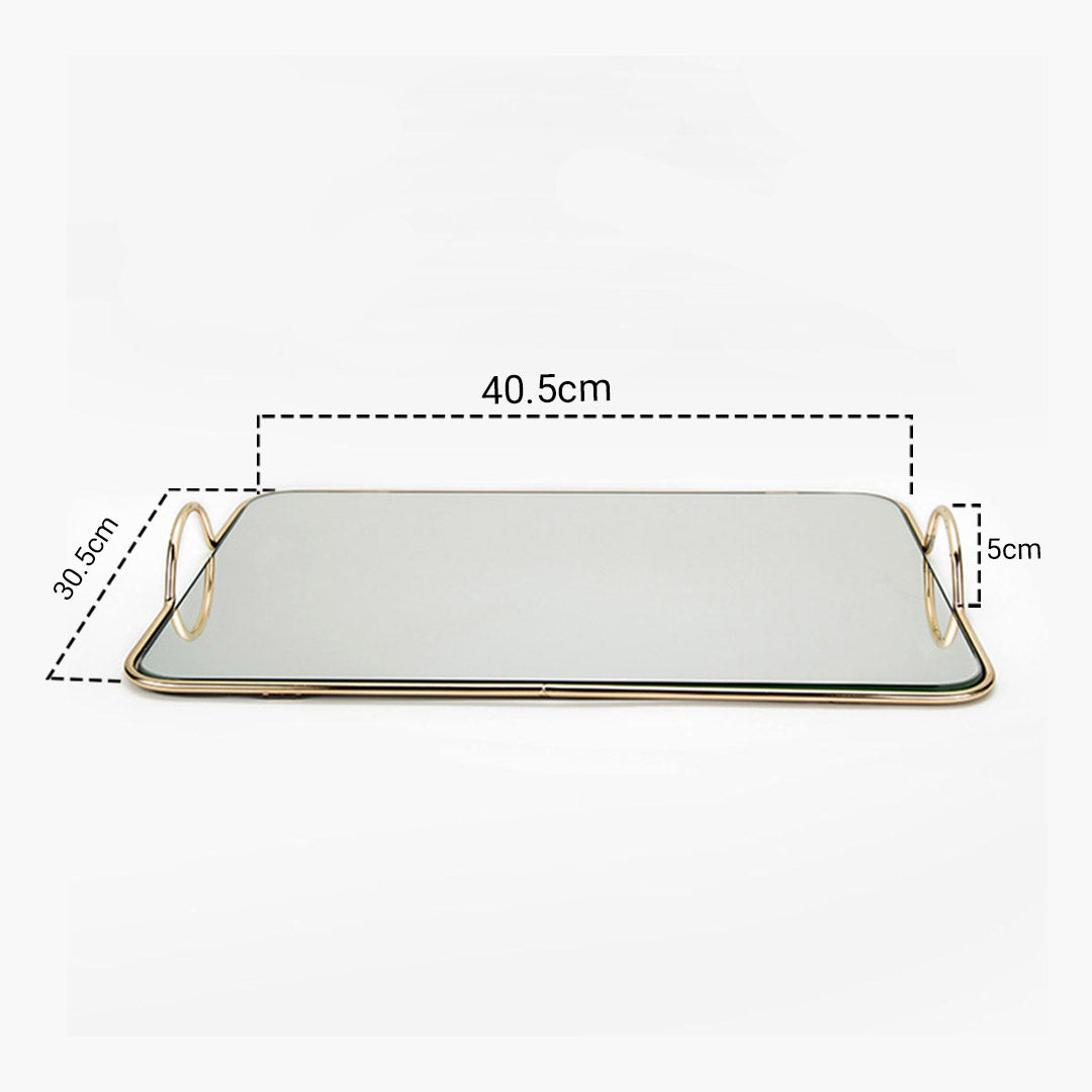 SOGA 40.5cm Gold Flat Lay Mirror Glass Metal Tray Vanity Makeup Perfume Jewelry Organiser with Handles-Jewellery Holders &amp; Organisers-PEROZ Accessories