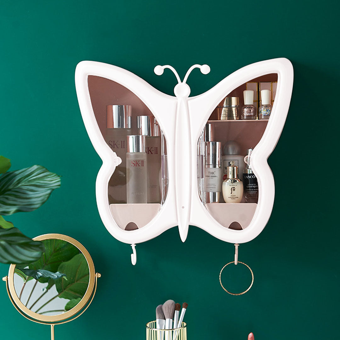 SOGA White Butterfly Shape Wall Mounted Makeup Organiser Dustproof Waterproof Bathroom Storage Box Home Decor-Makeup Organisers-PEROZ Accessories