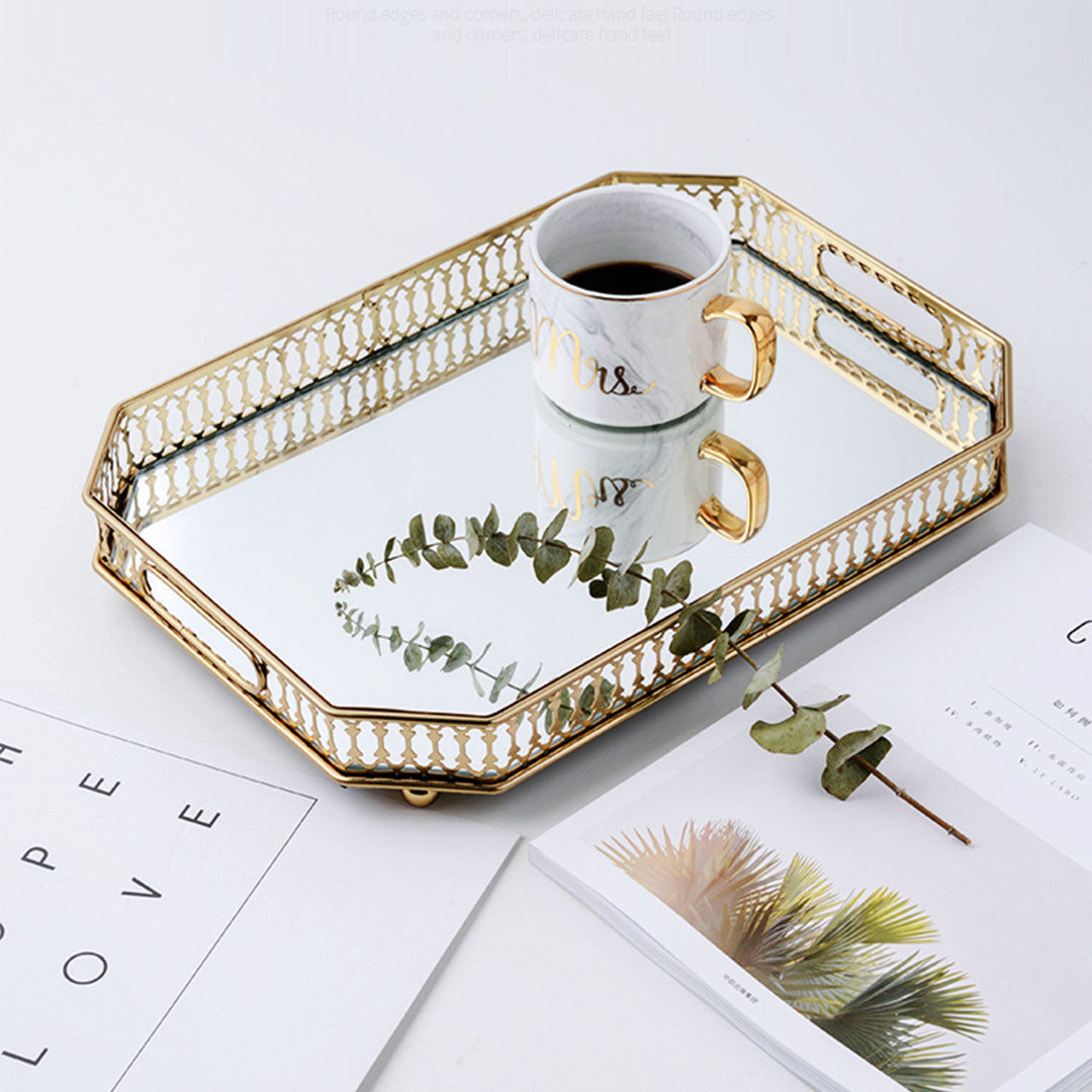 SOGA 35cm Gold Rectangle Ornate Mirror Glass Metal Tray Vanity Makeup Perfume Jewelry Organiser with Handles-Jewellery Holders &amp; Organisers-PEROZ Accessories