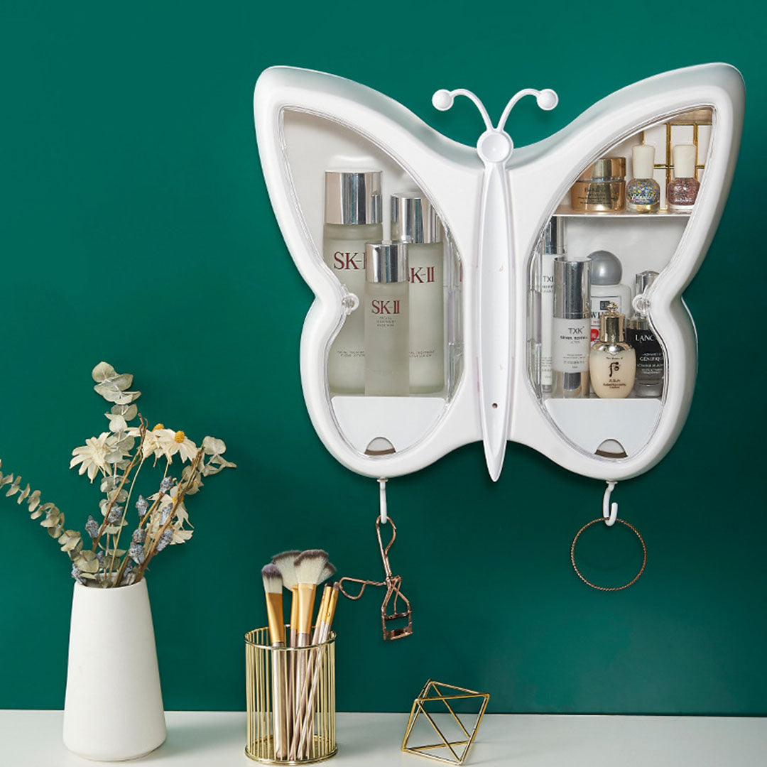 SOGA White Butterfly Shape Wall Mounted Makeup Organiser Dustproof Waterproof Bathroom Storage Box Home Decor-Makeup Organisers-PEROZ Accessories