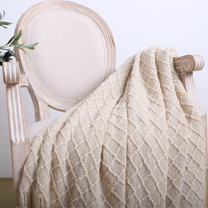 SOGA 2X Beige Diamond Pattern Knitted Throw Blanket Warm Cozy Woven Cover Couch Bed Sofa Home Decor with Tassels-Throw Blankets-PEROZ Accessories