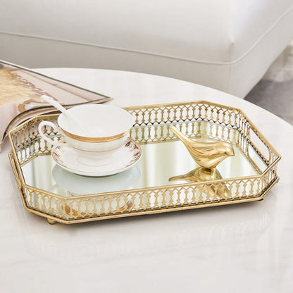 SOGA 35cm Gold Rectangle Ornate Mirror Glass Metal Tray Vanity Makeup Perfume Jewelry Organiser with Handles-Jewellery Holders &amp; Organisers-PEROZ Accessories