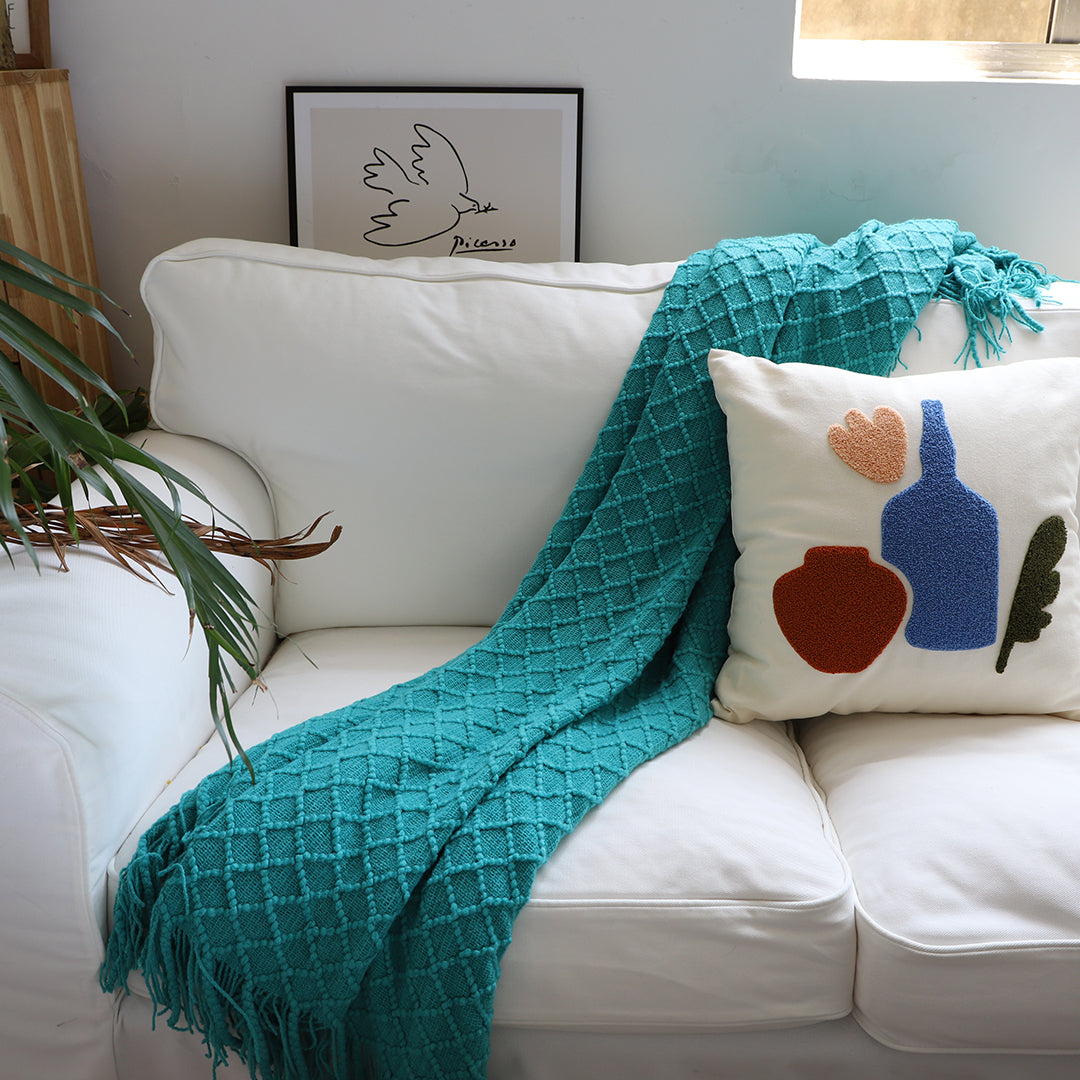 SOGA 2X Teal Diamond Pattern Knitted Throw Blanket Warm Cozy Woven Cov PEROZ