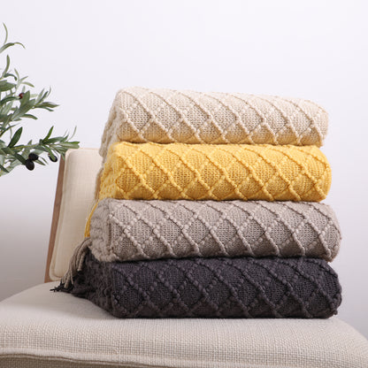 SOGA 2X Beige Diamond Pattern Knitted Throw Blanket Warm Cozy Woven Cover Couch Bed Sofa Home Decor with Tassels-Throw Blankets-PEROZ Accessories