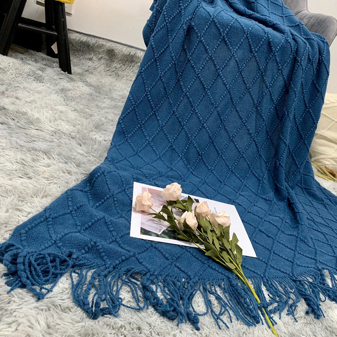 SOGA 2X Royal Blue Diamond Pattern Knitted Throw Blanket Warm Cozy Woven Cover Couch Bed Sofa Home Decor with Tassels-Throw Blankets-PEROZ Accessories