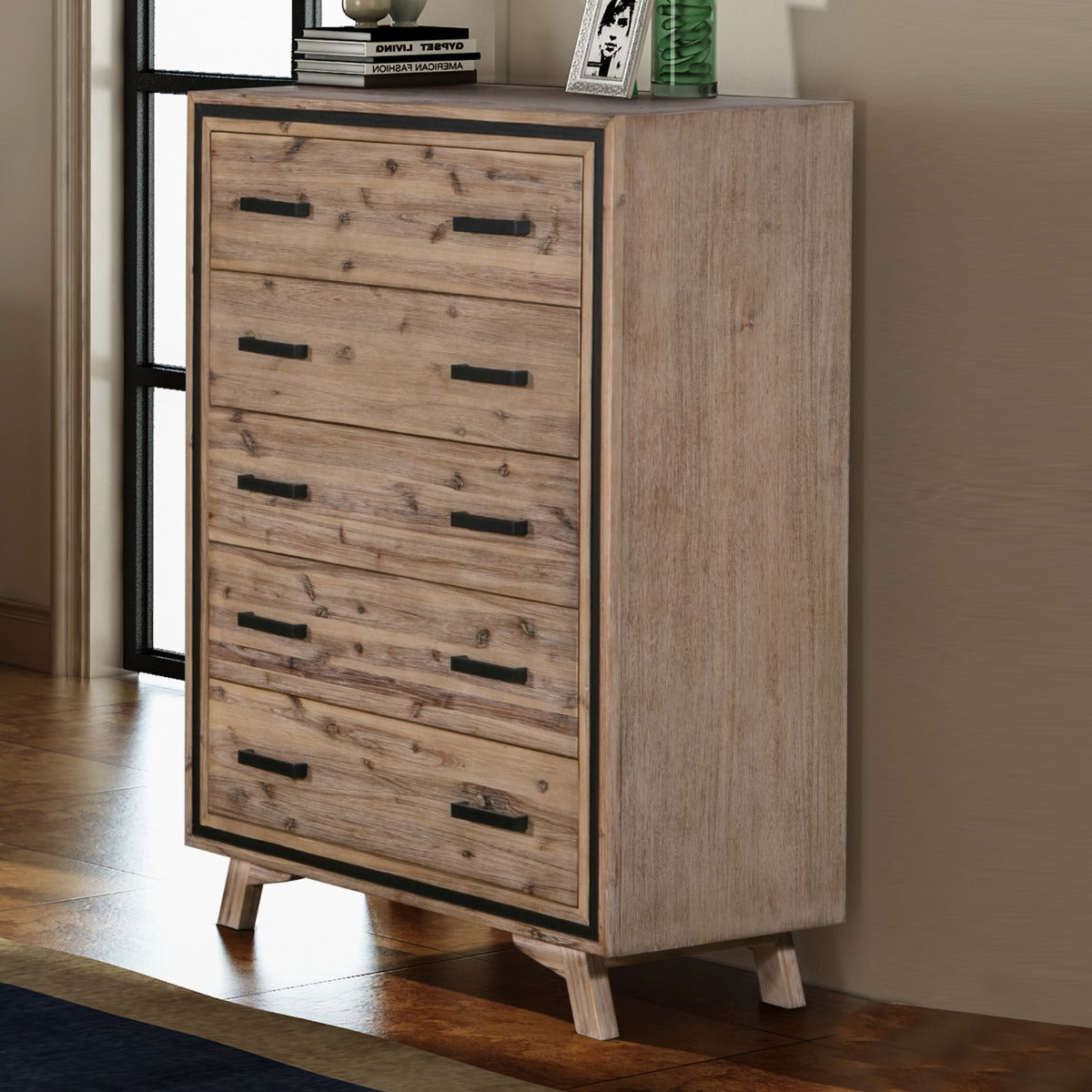 Tallboy with 5 Storage Drawers Solid Acacia Wooden Frame in Silver Brush Colour-Furniture &gt; Living Room-PEROZ Accessories