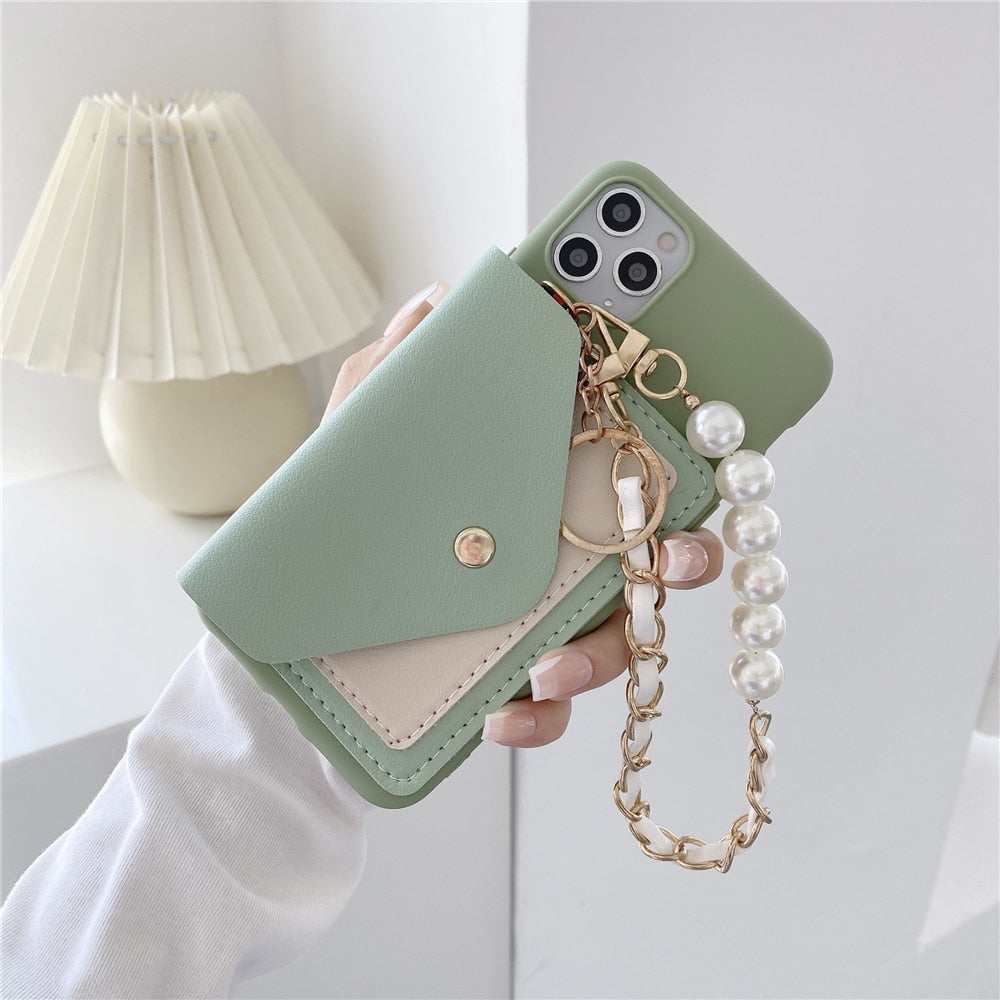 Anymob iPhone Case Green Pearl Bracelet Leather Card Package Soft Silicone Back Cover-Mobile Phone Cases-PEROZ Accessories