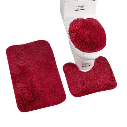 Anyhouz Bath Mat 3pc Burgundy Bathroom Silk Tie-Dye Toilet Soft Non Slip Rug Shower Carpets Toilet Lid Cover Floor Mats for Hallway-Bathroom Rugs-PEROZ Accessories