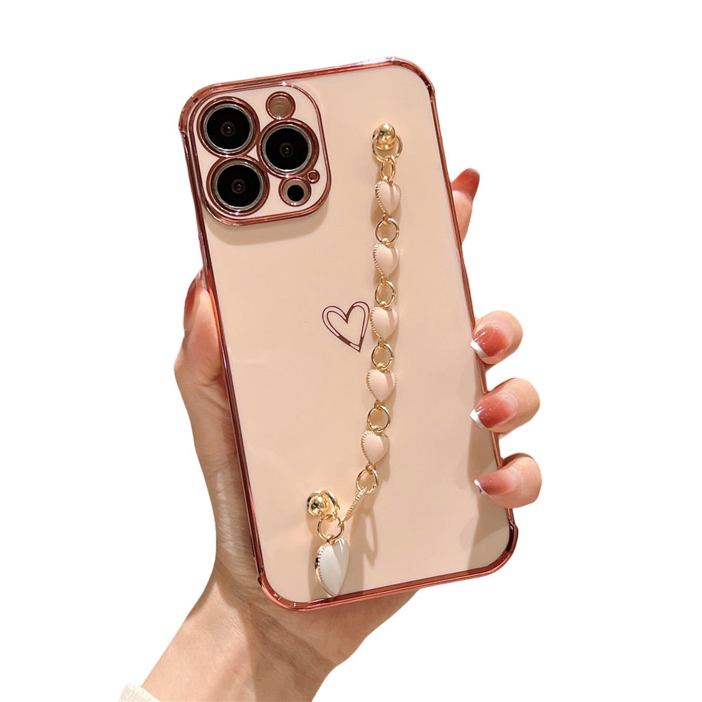 Anymob iPhone Pink Love Heart Bracelet Chain Phone Case Max Soft Silicone Cover-Mobile Phone Cases-PEROZ Accessories