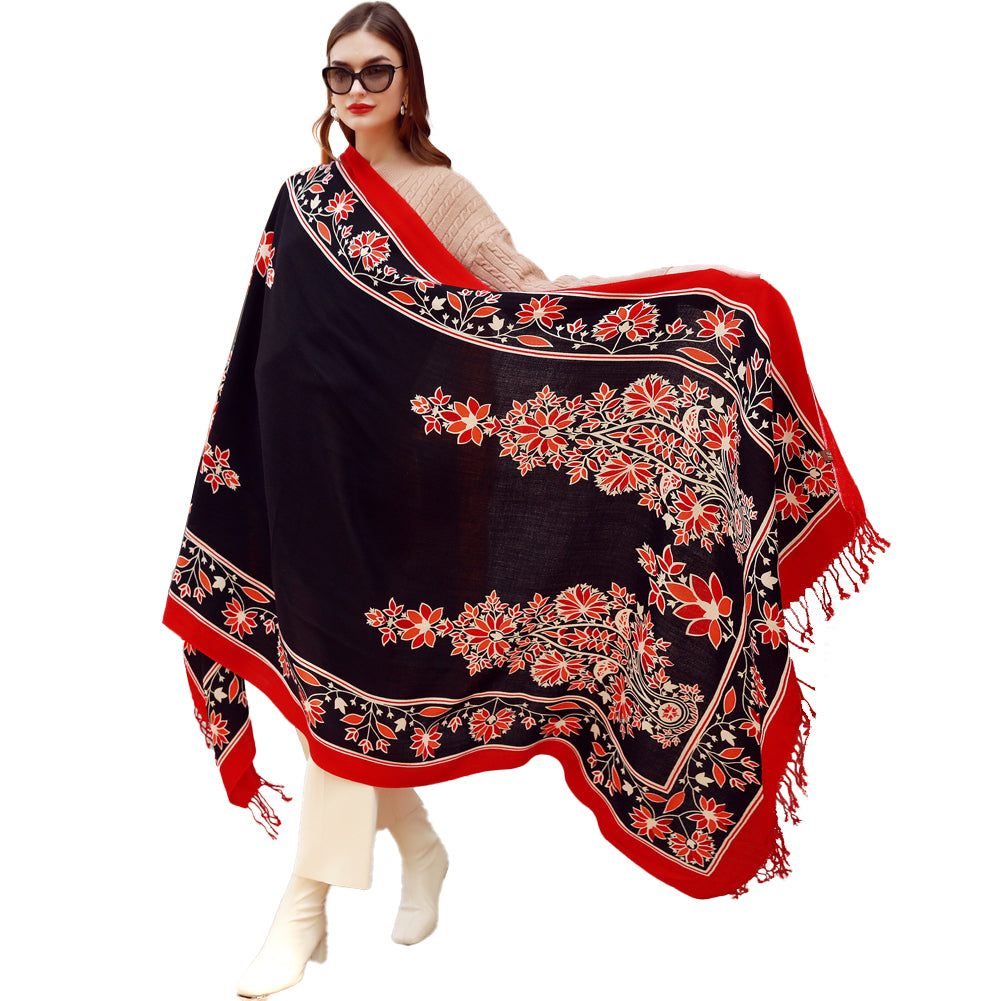 Anyyou 100% Merino Wool Black Red Neck Wrap Silk Satin Large Winter Scarf Pashmina Shawl Bandana Perfect For Women Ladies Fashion Style-Scarves-PEROZ Accessories