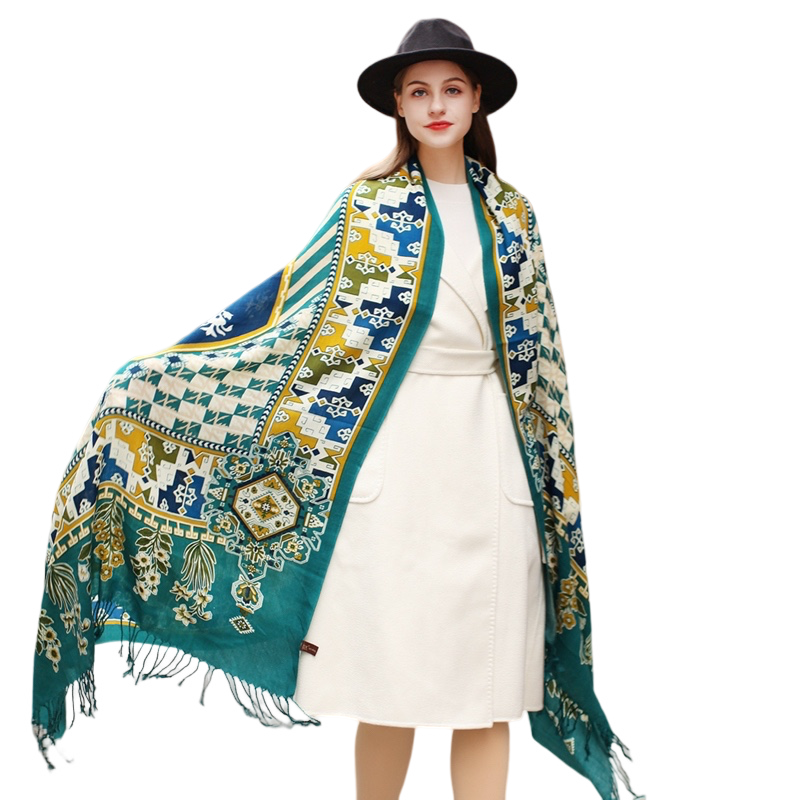 Anyyou 100% Merino Wool Blue Biege Silk Satin Large Winter Scarf Pashmina Shawl Bandana Perfect For Women Ladies Fashion Style-Scarves-PEROZ Accessories