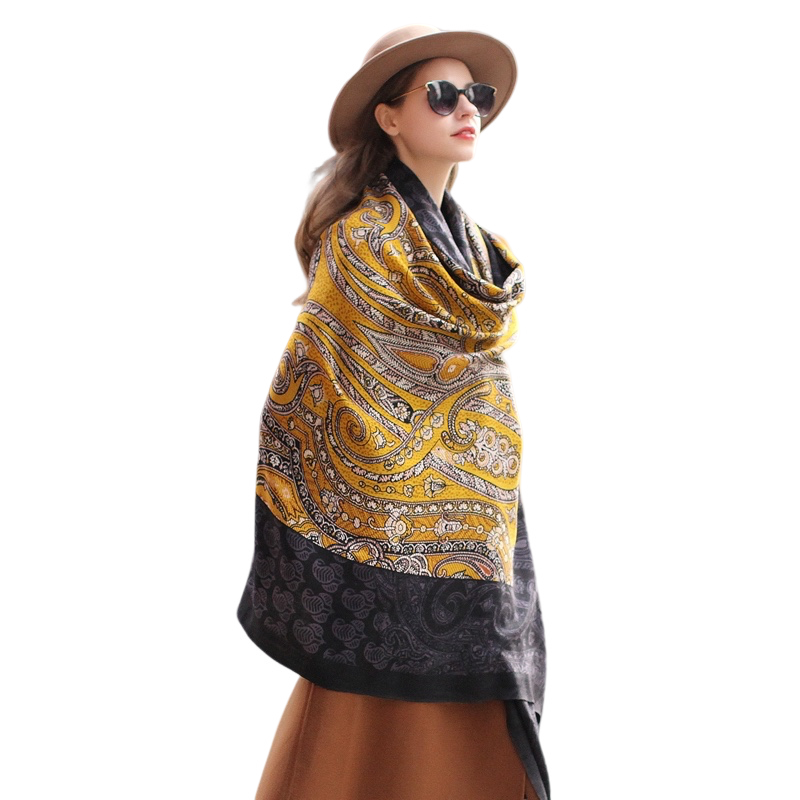 Anyyou 100% Merino Wool Black-Yellow Silk Satin Large Winter Scarf Pashmina Shawl Bandana Perfect For Women Ladies Fashion Style-Scarves-PEROZ Accessories