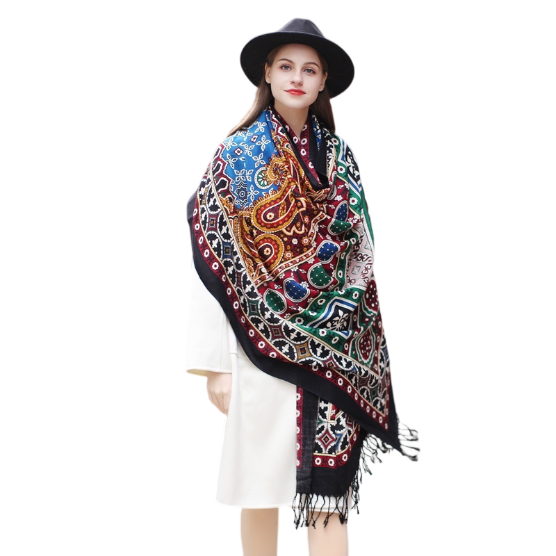 Anyyou 100% Merino Wool Black Multipatterns Silk Satin Large Winter Scarf Pashmina Shawl Bandana Perfect For Women Ladies Fashion Style-Scarves-PEROZ Accessories