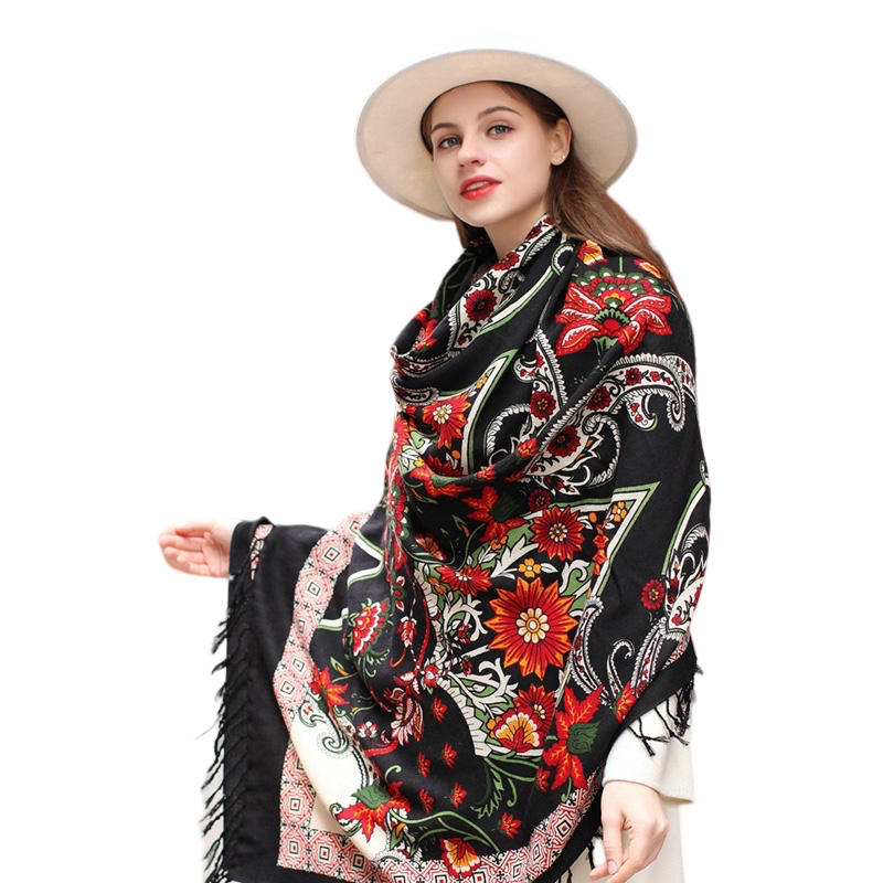 Anyyou 100% Merino Wool Black Silk Satin Floral Silk Satin Large Winter Scarf Pashmina Shawl Bandana Perfect For Women Ladies Fashion Style-Scarves-PEROZ Accessories
