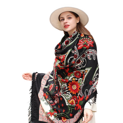 Anyyou 100% Merino Wool Black Silk Satin Floral Silk Satin Large Winter Scarf Pashmina Shawl Bandana Perfect For Women Ladies Fashion Style-Scarves-PEROZ Accessories