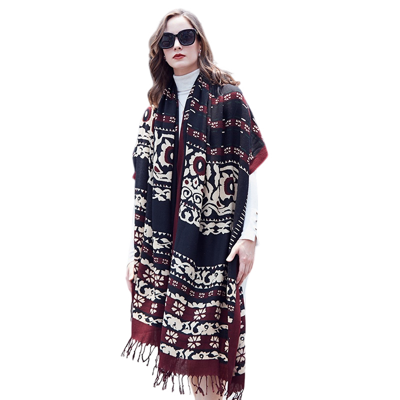 Anyyou 100% Merino Wool Black Burgundy Silk Satin Large Winter Scarf Pashmina Shawl Bandana Perfect For Women Ladies Fashion Style-Scarves-PEROZ Accessories