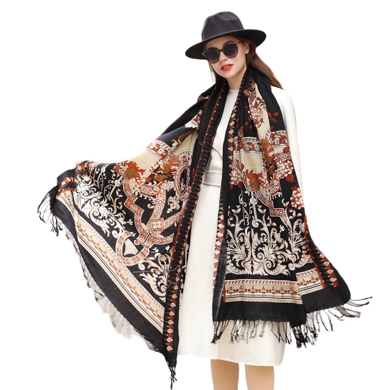 Anyyou 100% Merino Wool Black Brown Elegant Twirl Pattern Silk Satin Large Winter Scarf Pashmina Shawl Bandana Perfect For Women Ladies Fashion Style-Scarves-PEROZ Accessories