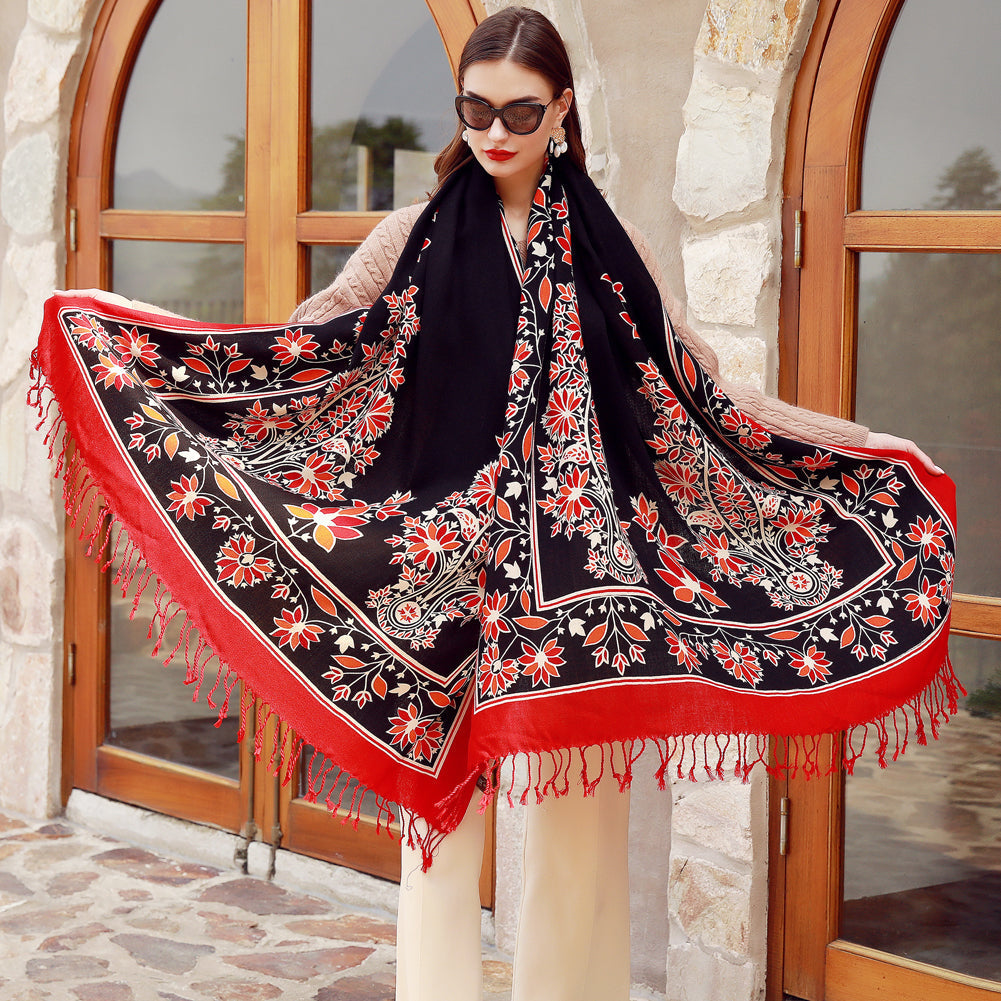 Anyyou 100% Merino Wool Black Red Neck Wrap Silk Satin Large Winter Scarf Pashmina Shawl Bandana Perfect For Women Ladies Fashion Style-Scarves-PEROZ Accessories