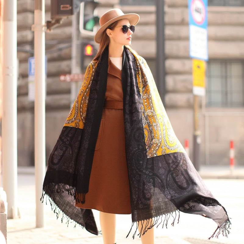 Anyyou 100% Merino Wool Black-Yellow Silk Satin Large Winter Scarf Pashmina Shawl Bandana Perfect For Women Ladies Fashion Style-Scarves-PEROZ Accessories