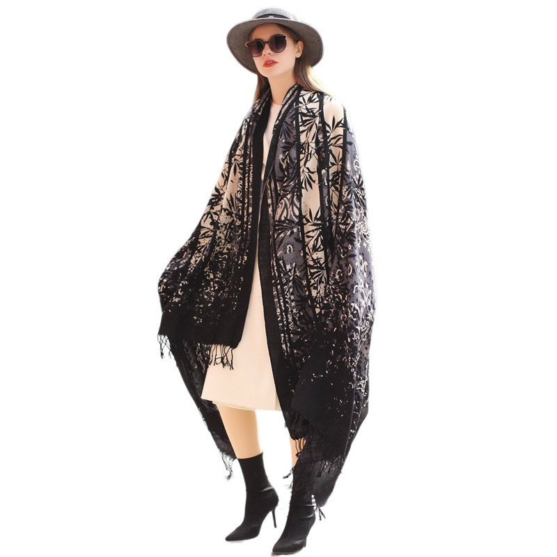 Anyyou 100% Merino Wool Black Grey Floral Silk Satin Large Winter Scarf Pashmina Shawl Bandana Perfect For Women Ladies Fashion Style-Scarves-PEROZ Accessories