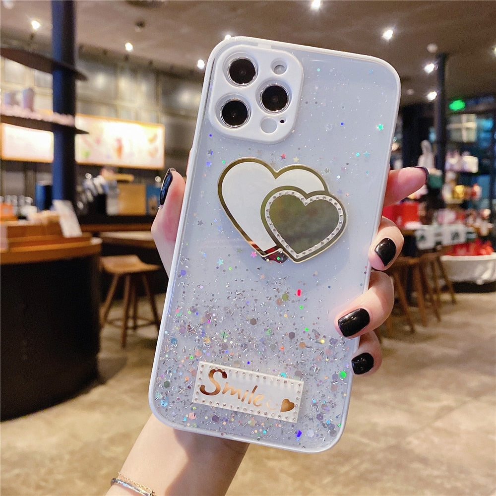 Anymob iPhone Case White Love Heart Mirror Sequins Glitter Soft Silicone Cover-Mobile Phone Cases-PEROZ Accessories