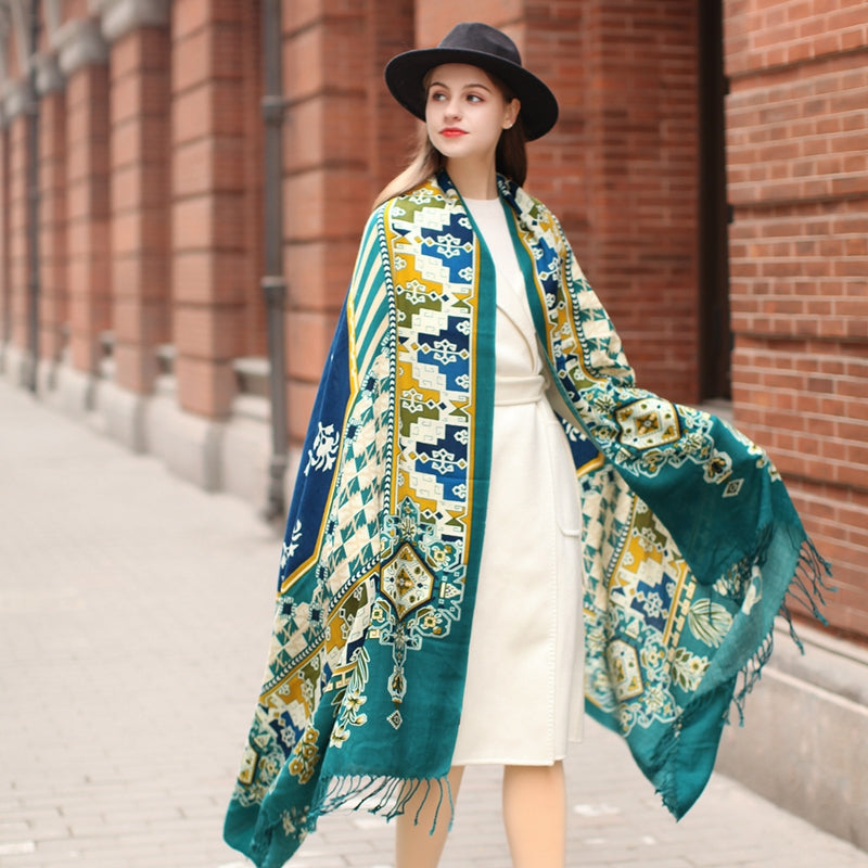 Anyyou 100% Merino Wool Blue Biege Silk Satin Large Winter Scarf Pashmina Shawl Bandana Perfect For Women Ladies Fashion Style-Scarves-PEROZ Accessories