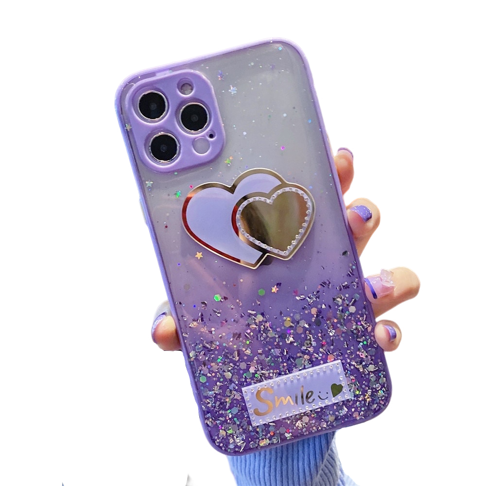 Anymob iPhone Case Purple Love Heart Mirror Sequins Glitter Soft Silicone Cover-Mobile Phone Cases-PEROZ Accessories