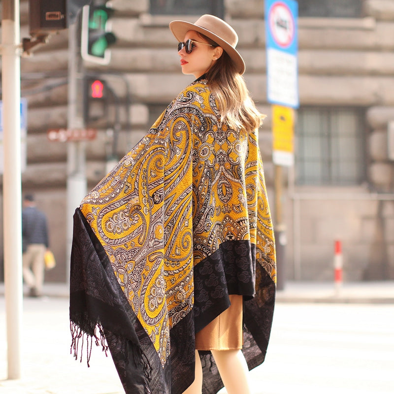 Anyyou 100% Merino Wool Black-Yellow Silk Satin Large Winter Scarf Pashmina Shawl Bandana Perfect For Women Ladies Fashion Style-Scarves-PEROZ Accessories