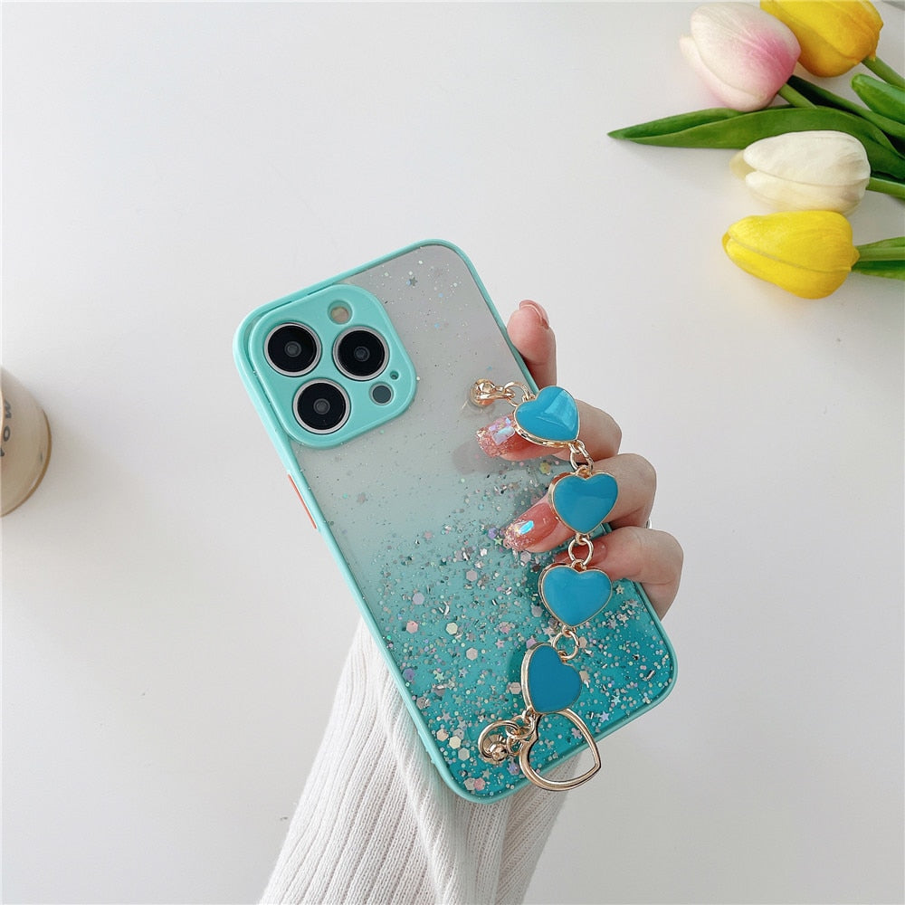 Anymob iPhone Case Turquoise Glitter Sequins Love Heart Bracelet Clear Soft Cover-Mobile Phone Cases-PEROZ Accessories