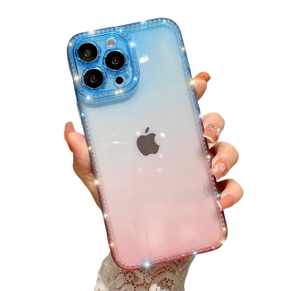 Anymob iPhone Case Blue Gradient Transparent Diamond Frame Lens Protection Shockproof Bumper Soft Cover-Mobile Phone Cases-PEROZ Accessories