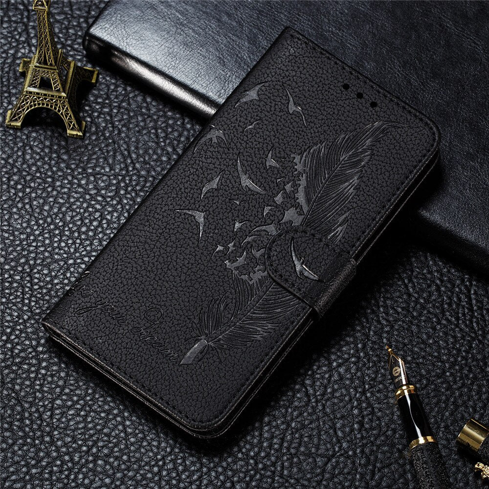 Anymob Huawei Case Black 3D Feather Embossed Leather Flip Cover-PEROZ Accessories