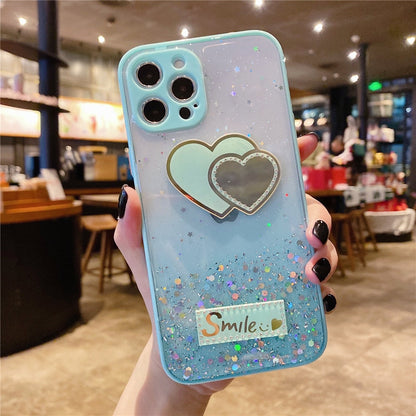 Anymob iPhone Case Sky Blue Love Heart Mirror Sequins Glitter Soft Silicone Cover-Mobile Phone Cases-PEROZ Accessories