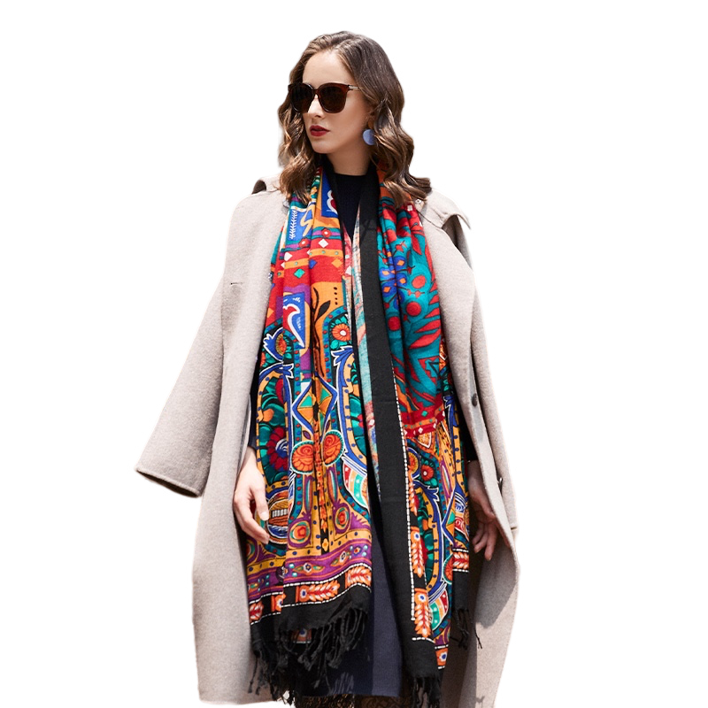 Anyyou 100% Merino Wool Black Ancient Multi-Pattern Neck Silk Satin Large Winter Scarf Pashmina Shawl Bandana Perfect For Women Ladies Fashion Style-Scarves-PEROZ Accessories