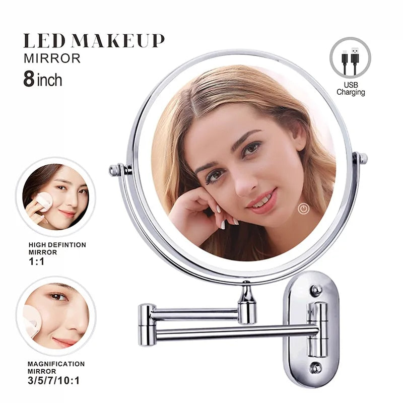 Anyvogue Silver 8in Wall Mounted Smart LED Makeup Mirror Double Sided Touch Dimming Adjustable 7x Magnification Battery Type-Makeup Mirror-PEROZ Accessories