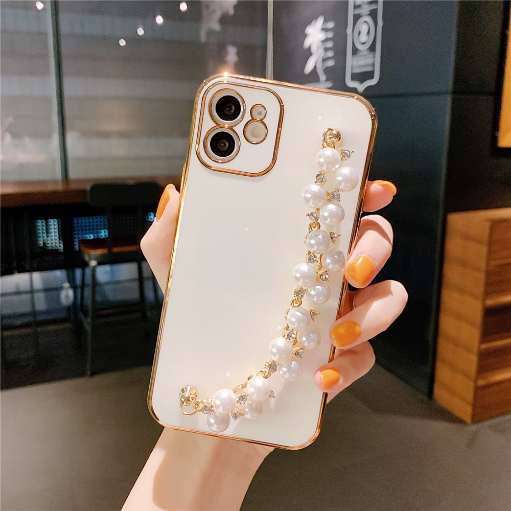 Anymob iPhone Case White Pearl Bracelet Electroplating Silicone Cover With Wristband-Mobile Phone Cases-PEROZ Accessories