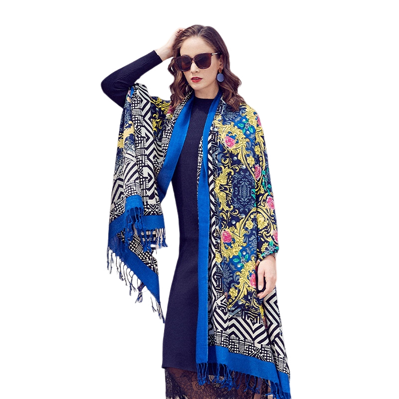 Anyyou 100% Merino Wool Blue Black-White Silk Satin Large Winter Scarf Pashmina Shawl Bandana Perfect For Women Ladies Fashion Style-Scarves-PEROZ Accessories