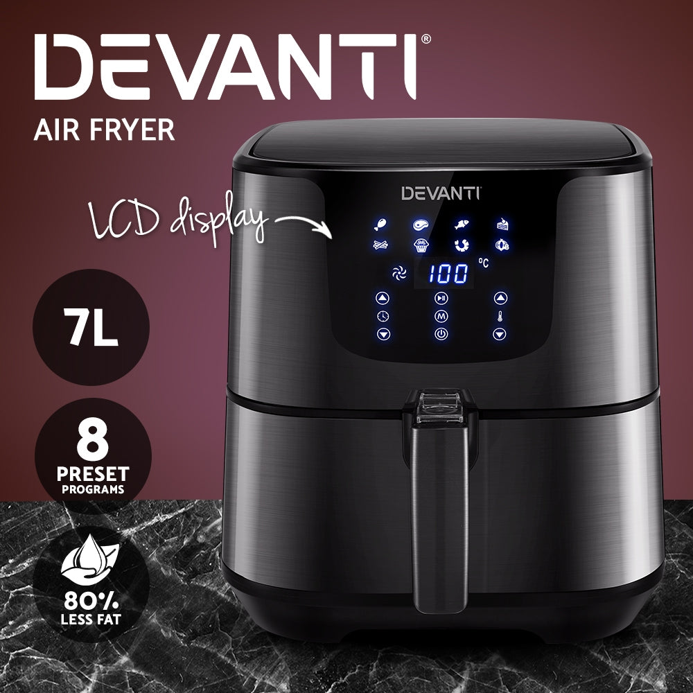 Devanti Air Fryer 7L LCD Fryers Oven Airfryer Kitchen Healthy Cooker Stainless Steel-Appliances &gt; Kitchen Appliances-PEROZ Accessories