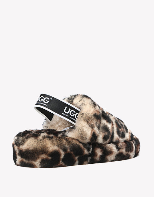 Australian Shepherd Leopard Print Fluffy Slides Sheepskin Wool Women Pamela-Slides-PEROZ Accessories