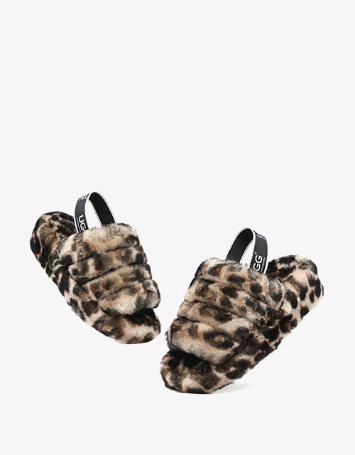 Australian Shepherd Leopard Print Fluffy Slides Sheepskin Wool Women Pamela-Slides-PEROZ Accessories